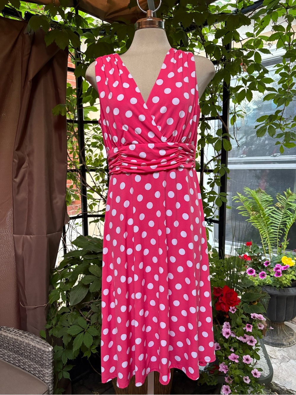 Ronni Nicole Hot Pink and White Polka Dot Sleeveless Midi Dress Size 12